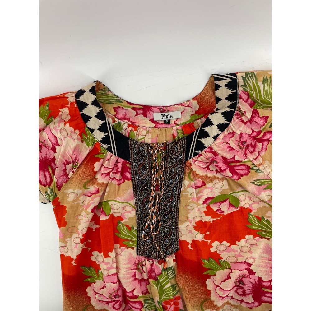Pixie‎ Floral Dress Womens Medium Orange Pink Beaded Cotton Boho Artsy Tropical - Picture 5 of 9